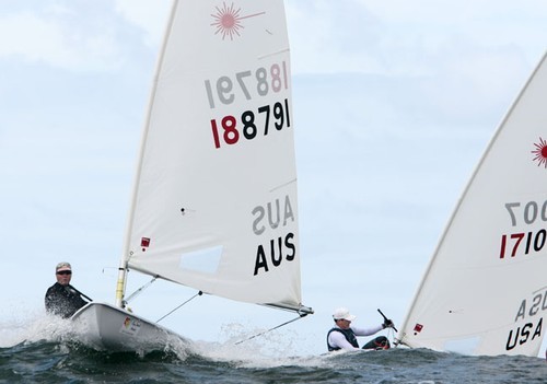 Standard Master Nick Carew (AUS) leads Tracy Usher (USA) in this shot - Laser Masters Worlds ©  SW